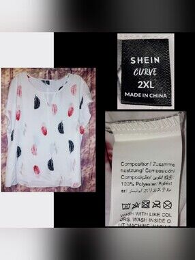 SHEIN Curve brand White/Multicolors Feathers Print Soft Woven Top Jrs Plus 2XL